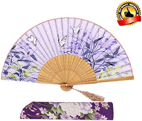 LYSA "8.27" (21cm) Women Hand Held Silk Folding Fan, Silk Tissue Protective Sleeve -- Chinese/Japanese Style (Purple-030)