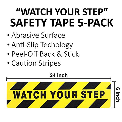 5 Pack Watch Your Step Warning Sticker Adhesive Tape Anti Slip Abrasive Tape for Workplace Safety Wet Floor Caution, 6 by 24 Inches - Thumbnail 2
