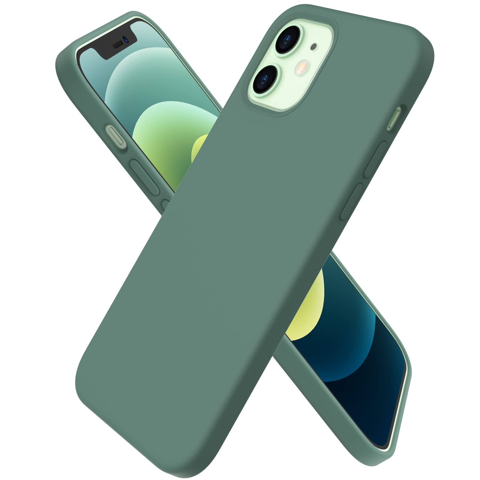 ORNARTO Compatible with iPhone 12 mini(2020) Case 5,4, Slim Liquid Silicone Full Covered Soft 3 Layers Gel Rubber with Microfiber Case Cover 5.4 inch-Pine Green