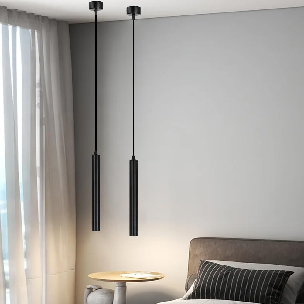 HOTUT Modern COB LED Cylinder Pendant Light,2pcs COB Patch Cylindrical Long Tube Chandelier,Cylinder Ceiling Pendant Lighting,Black Cylinder Chandelier,Hanging Bedside Lights for Bedroom Kitchen Bar