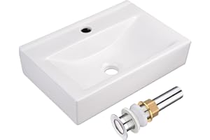 Aquaterior 18" x 12" Modern Rectangle Bathroom Vessel Sink and Drain Combo Wall Mount Ceramic Porcelain Washing Basin Counter Top Lavatory White