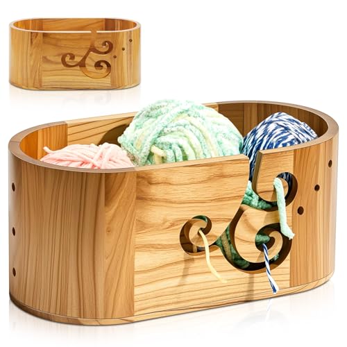 Marsui 3 Holes Curly Design Oversized Crochet Yarn Bowl 5.47 x 10.79 x 4.72 Inch Wooden Crochet Bowls for Yarn Wooden Yarn Bowl Crochet Yarn Bowl Holder Crochet Knitting Supplies Crocheters Gift