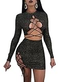 Halfword Womens Lace Up Bandage Bodycon Crop Top and Skirt Set 2 Piece Outfits Black M