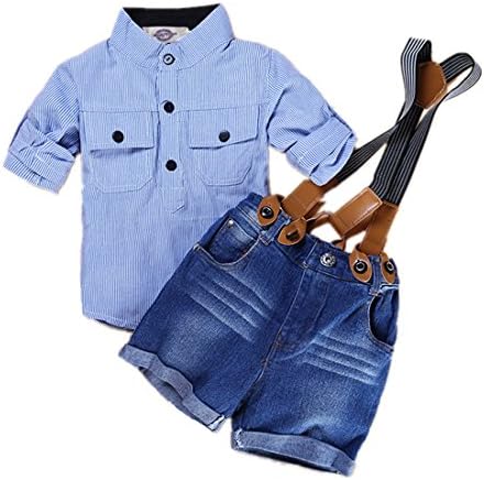 Baby Boys Suspender Shorts Set Denim Overalls Outfit Cotton Long Sleeve Blue Stripe Shirt Two-Piece Suits