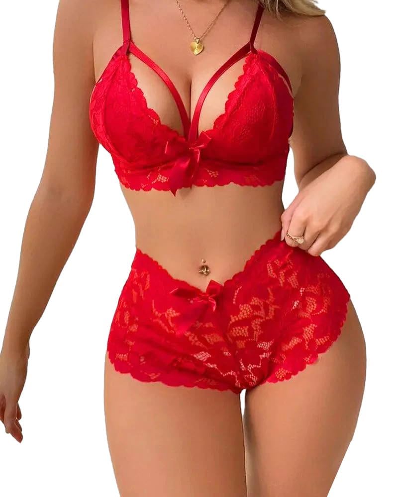Lilosy Sexy Strappy High Waist Floral Lace Pajamas Lingerie Set Outfits