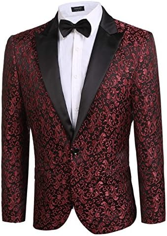 Donet Men's Floral Party Dress Suit Notched Lapel Stylish Dinner Jacket Wedding Blazer Prom Tuxedo Red Medium