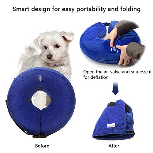 Wellbro Dog Cone Collar, Soft and Inflatable Dog Comfy Cones After Surgery, Adjustable Pet Recovery Collar with Extra Velvet Cover, Protective E-Collars with Buckle for Dogs and Cats (Medium, Blue)