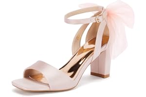 Coutgo Women's Bow Tie Heeled Sandals Chunky Heels One Strap Satin Ankle Buckle Dress Wedding Shoes