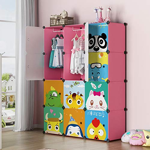 KOUSI Kid Dresser Baby Clothes Rack Kid Wardrobe Closet Bedroom Armoire Cube Organizer Formaldehyde-Free Furniture(Pink, 8 Cubes 2 Hanging Sections)