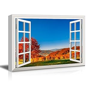 Window View Mountain with Trees of Red Leaves...