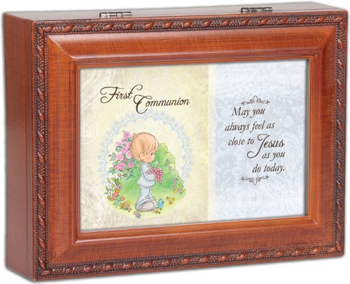 Cottage Garden Precious Moments 1St Communion Boy Woodgrain Traditional Music Box Plays Jesus Loves Me