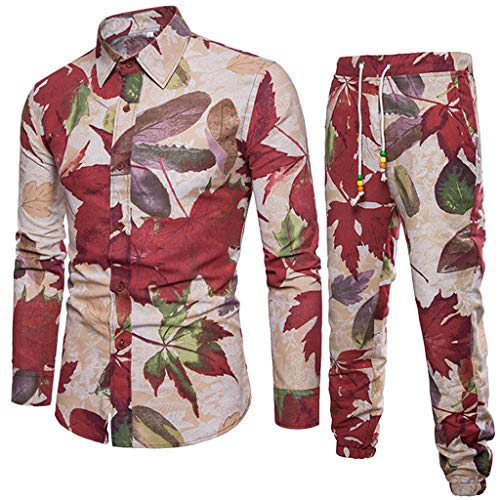 LISTHA Linen Men Top and Pants Suit Floral Long Sleeve Shirt Business Fit Blouse