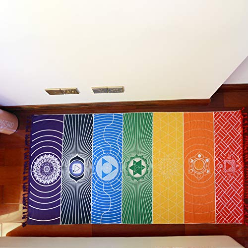 Simpkeely Chakra Tapestry, Cotton Rainbow Meditation Yoga Mat, Colorful Bohemian Hippy Chakras Shawl Tassel Striped Beach Towel - 59\