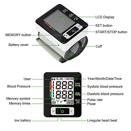 Wrist Blood Pressure Monitor Fully Automatic Digital Blood Pressure Cuff FDA Approved Electric Portable BP Monitor with LCD Display and Memory Storage Function for 2 Users (Black, Wrist)