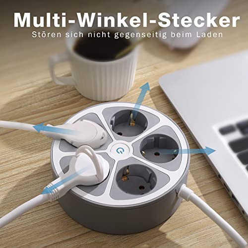 RealMade Steckdosenleiste 5 Fach, Mehrfachsteckdose mit Schalter, Verteilersteckdose Mit Kindersicherung, 1,5m Kabel Runde Mehrfachstecker, Steckerleiste für Büro Zuhause, Weiß+Grau