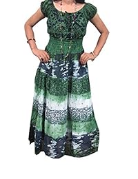 Mogul Womens Peasant Dress V-neck Green Tie-Dye Cotton Dresses