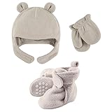 Luvable Friends Fleece Winter Hat, Mittens and Booties Set, Light/Gray, 12-18 Months
