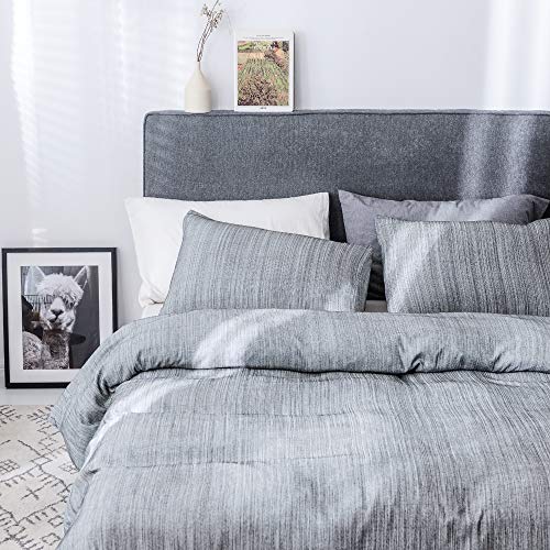Smoofy Bedding Duvet Cover Set 3 Piece Set, Ultra Soft Brushed Microfiber Feel Like Linen, Grey, Queen - Thumbnail 3