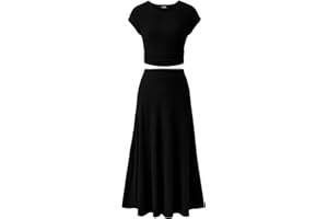 BTFBM Summer Outfits For Women 2025 Two Piece Sets Casual Crew Neck Short Sleeve Cropped Spring Tops Midi Skirt Lounge Set