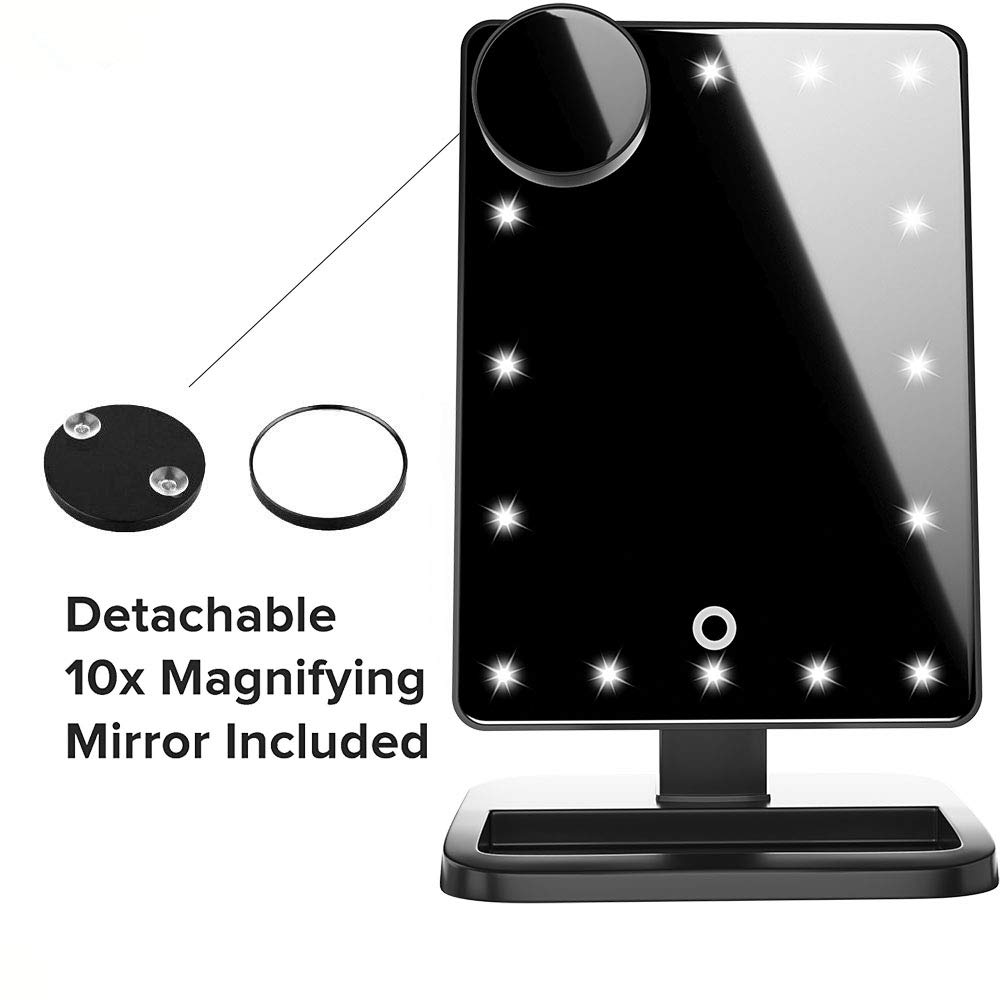 Makeup Mirror with Lights and Bluetooth - Vanity Mirror with Lights with 10X Magnifying, Cosmetic Mirror with 20 LED Lights,180° Rotation,USB Charging(Black)