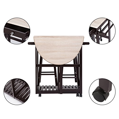 Peach Tree 3-Piece Table Dining Set Home Kitchen Furniture Wooden Rolling Kitchen Trolley Cart Island Foldable Table Drop Leaf, Breakfast Bar, Dining Table Set w/2 Stools