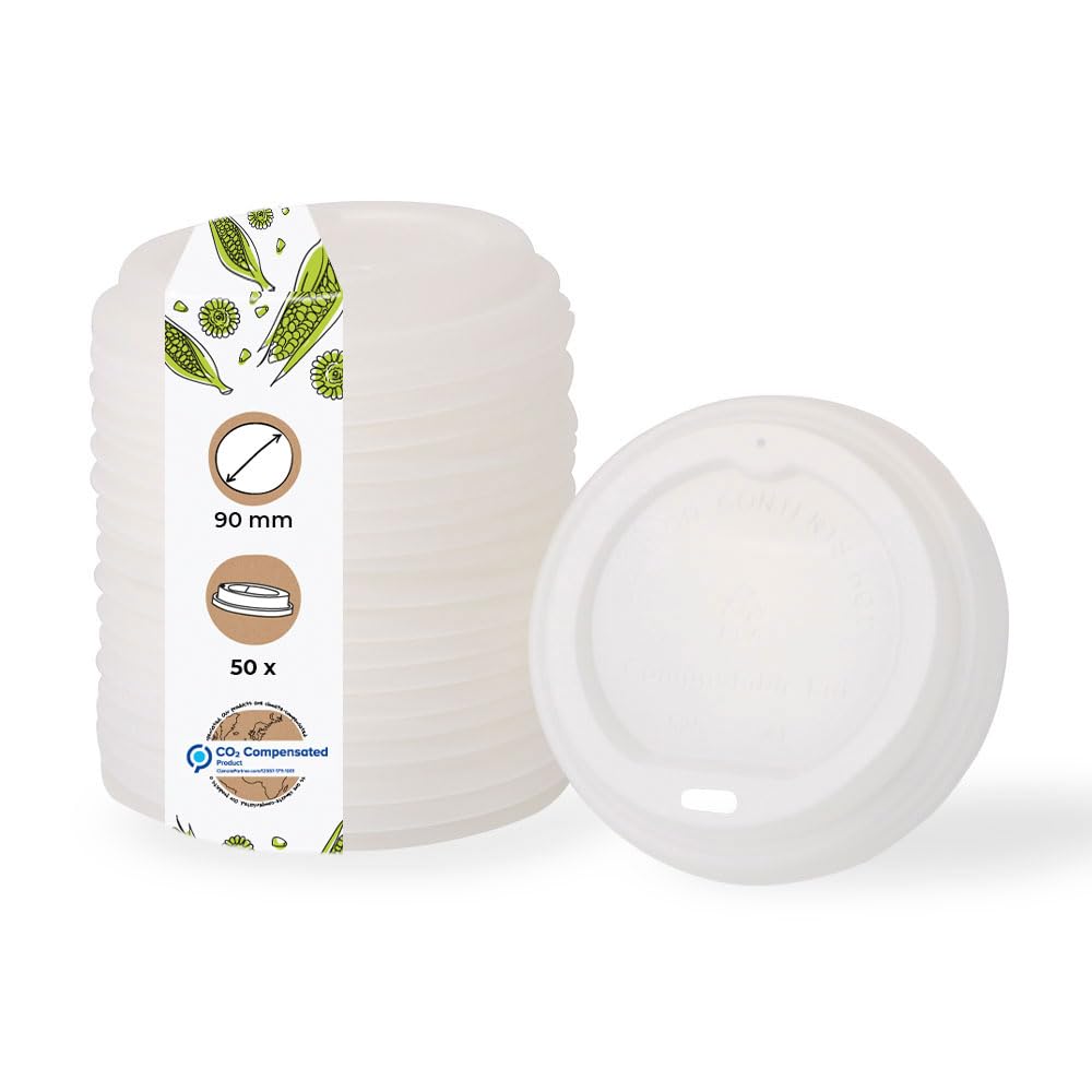 BIOZOYG Coffee To Go Lid for Drinking Cups Ø 90mm I 50 Paper Cup Lids made of CPLA Bioplastic 100% biodegradable, compostable, recyclable I Drinking Cup Lid with Hole white