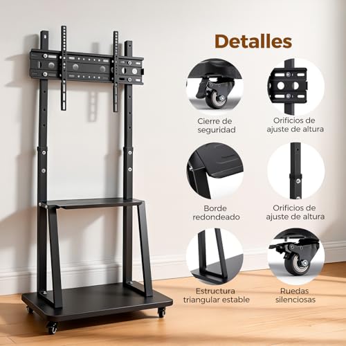HUSEYTA Soporte para TV móvil con Ruedas, Base para televisor de 32 a 75 Pulgadas, Altura Ajustable, pie con Capacidad de Carga 100 kg, Bandeja MAX 30 kg, VESA 600x400mm