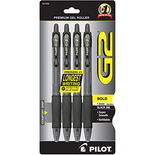 Pilot G2 Retractable Premium Gel Ink Roller Ball Pens, Bold Point, 4-Pack, Black Ink (31254)