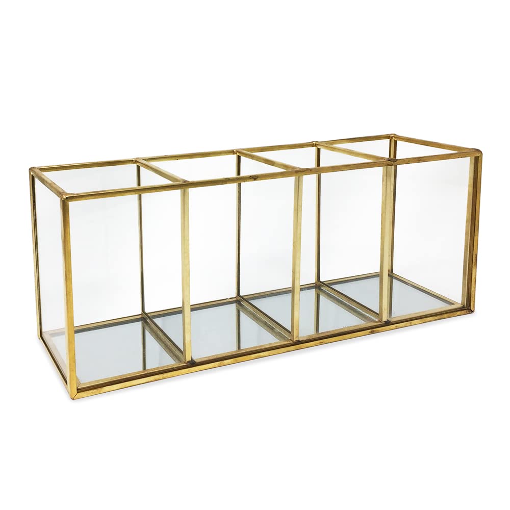 Isaac Jacobs 4-Compartment Organizer- Makeup Brush Holder- Vintage Style Brass and Glass Storage Solution with Mirror Base- Office, Bathroom, Kitchen Supplies and More (Antique Gold)