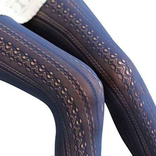 BogiWell Women Lace Sexy Hollow Out Fishnet Stockings Tights Chiffon Vertical Strips Pantyhose Navy Blue