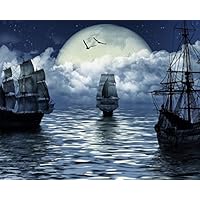 Classic Jigsaw Puzzle 1000 Pieces Adult Puzzle Wooden Puzzle DIY Round Moon and Several Sailboats on The Sea Unique Gift Modern Home Decor Wall Art Picture