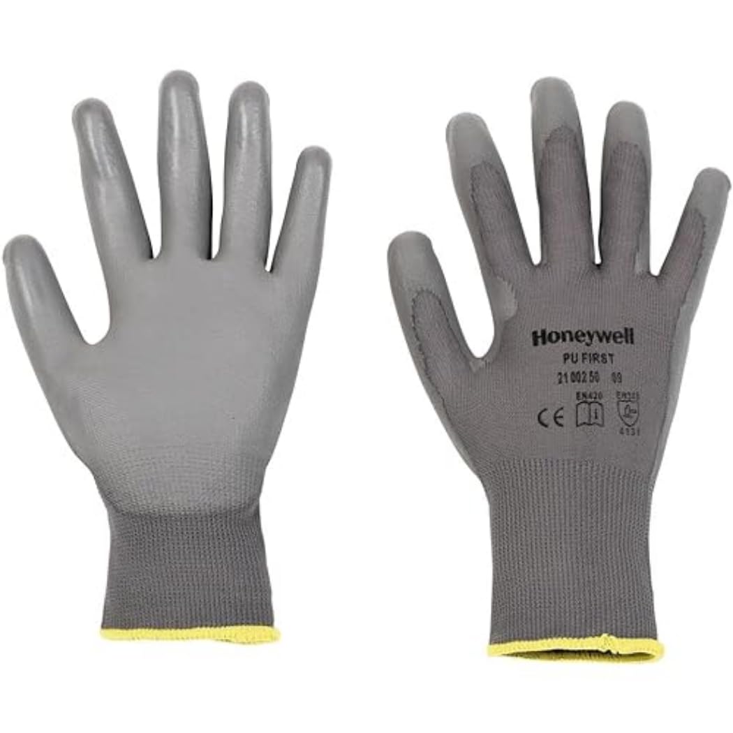 Honeywell 2100250-07 PU FIRST Grey General Purpose Polyamide Knit Gloves, Fine Handling in Dry environment, Lightweight, 26 cm Length, Size 07 (Pack of 10 Pairs)