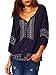 Floerns Women's Boho Casual Blouse Lace Up Embroidered Loose Tie-Neck Top Navy-1