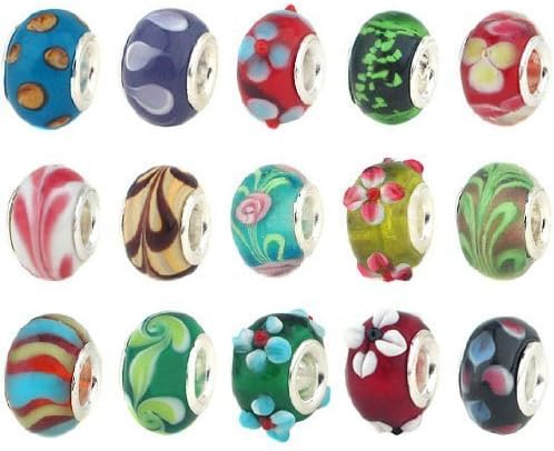 50 pc Lot Silver Lampwork Murano Glass European Mix Beads - Compatible with Most Major Charm Bracelets Such Chamilia, Troll, Biagi And More by Style Beads