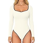 OQQ Women Bodysuit Contrast-Trim Square Neck Long Sleeve Stretch Bodysuit Tops