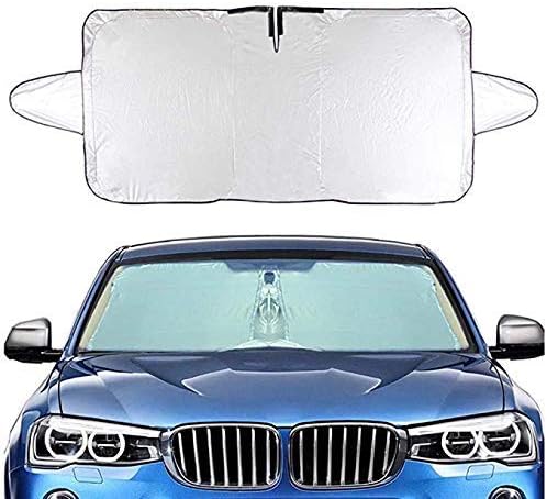 Felizcoche Big Size Windshield Sun Shade Rectangle Rings Silver UV Reflector Universal Fit Inside Use for Summer Reduce Heat,Outside Use for Winter Block Snow 65“x33”with Ear