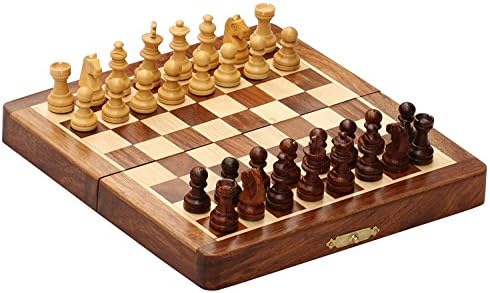 TrueCart Handmade Wooden Rosewood Foldable Magnetic Chess Game Board with Storage Slots, 7 Inch