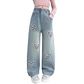Nivne Tco Girls Baggy Jeans, Ripped Heart Patch Denim Pants, Casual Loose Fit Wide - Leg Trousers for Kids