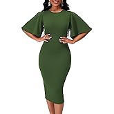 WanMem Womens Basic Bodycon Ruffle Flared Short Sleeve Pencil Midi Dress