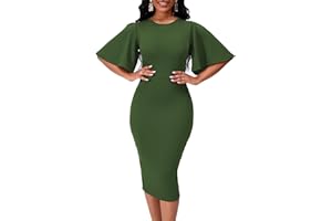 WANMEM Womens Bodycon Ruffle Flared Short Sleeve Work Midi Dress Business Office Casual Pencil Dress