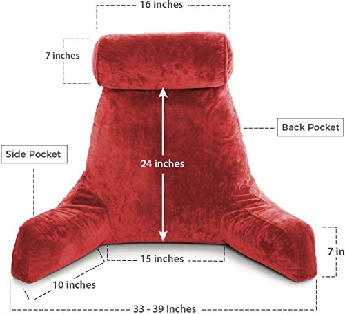 Husband Pillow Big Bedrest Reading & Support Bed Backrest w/Arms, Red - Premium Shredded Memory Foam with Detachable Neck Roll Pillow - Bed Rest Pillow Makes a Comfy & Therapeutic Cuddle Buddy