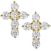 Small Solitaire Prong Set Iced 5A Cz Hip Hop Mens Women's Yellow Gold 925 Sterling Silver Hypoallergenic Crucifix Ice Out Cubic Zirconia Gothic Cross Screw Back Stud Earrings