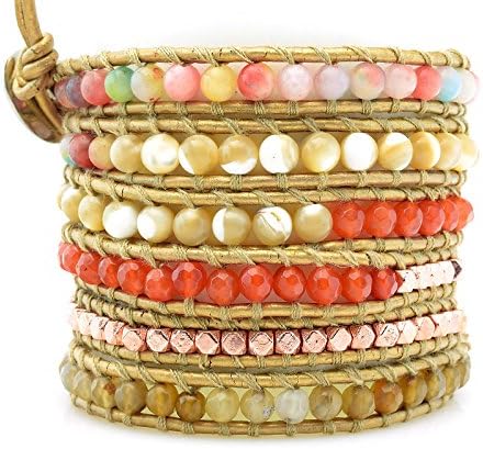 5X Wrap Bracelet Agate Jade Gemstone Rose Nugget Beaded Bracelet Genuine Leather