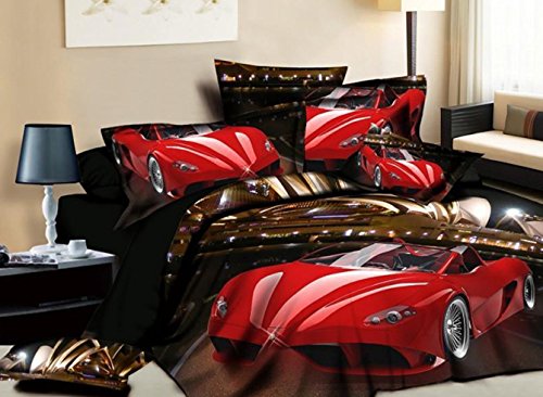Beddinginn One Red Car Running At Night Print 3d Bedding Sets 100% Cotton 4 Pieces Duvet Cover Sets (Extra Long Twin)
