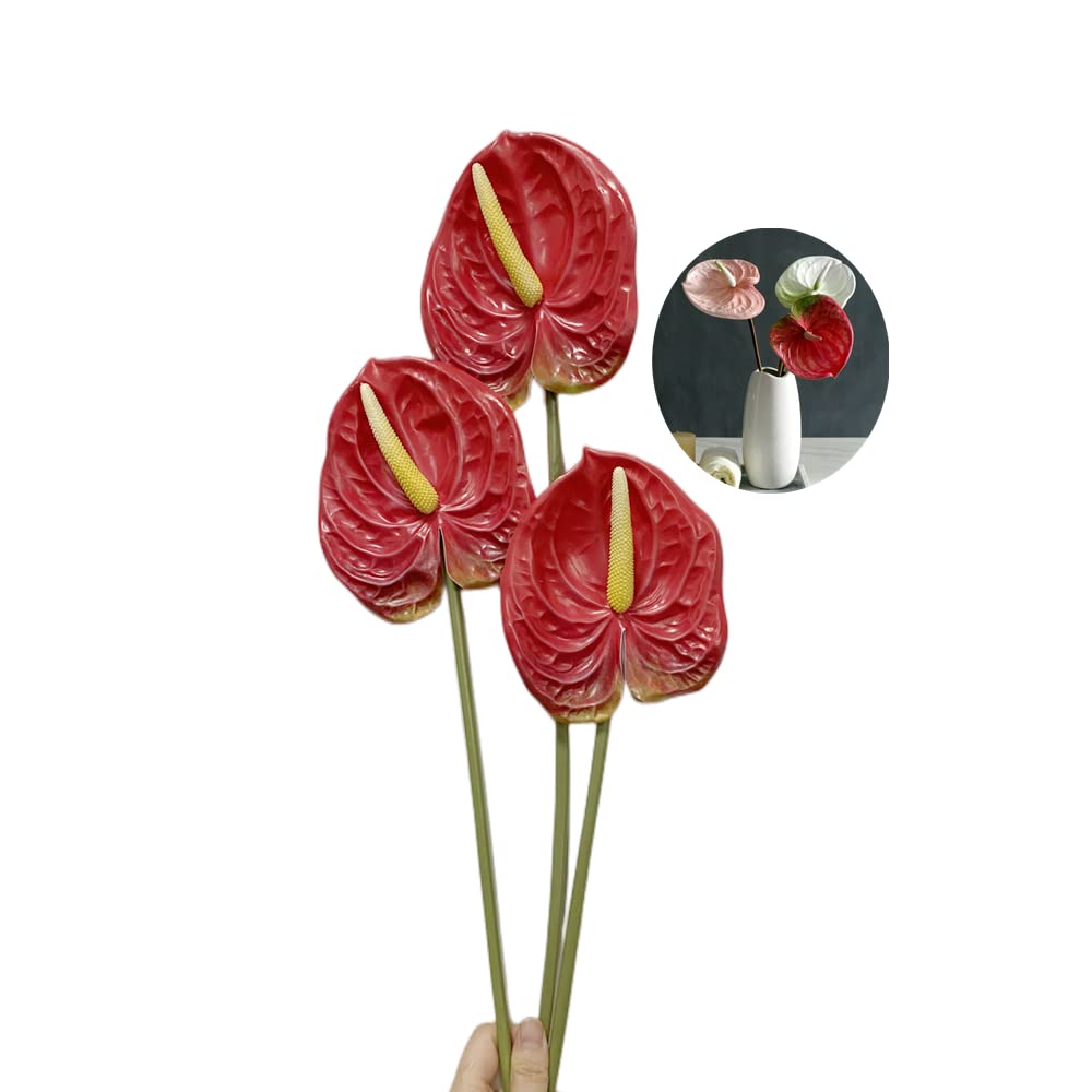 Rikyo Artificial Anthurium Lily Flowers, 3pcs Tropical Imitation Plant for Table Centerpieces and Bridal Wedding Festival Decor (Red)