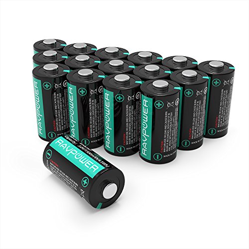 CR123A Lithium Batteries [Upgraded] RAVPower 3V Lithium Battery Non-Rechargeable, 16-Pack, 1500mAh Each, 10 Years of Shelf Life for Arlo Cameras, Polaroid, Flashlight, Microphones and More