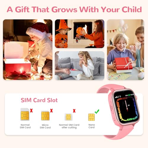 4G Smart Watch Children with GPS and Video Calling, Smartwatch Children with Calls, Voice Chat, SOS, School Mode, IP68 Waterproof, Pedometer, Alarm Clock, Camera, Gift Girls and Boys 4-15, Pink