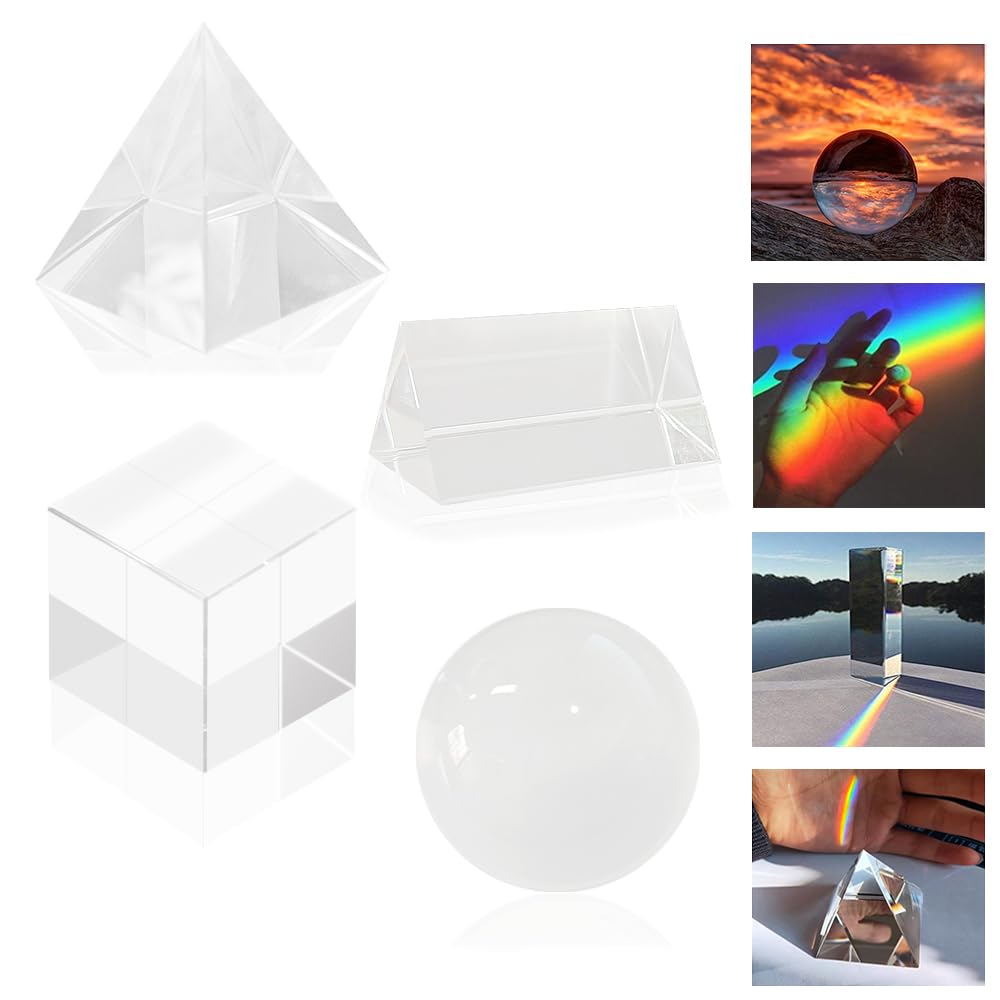 4-Piece Crystal Photography Accessories, Prism Light Refraction, Prism Crystal Set, Crystal Ball, Cube, Triangular, Pyramid, Set K9 for Teaching Science, Physics, Games and Photography