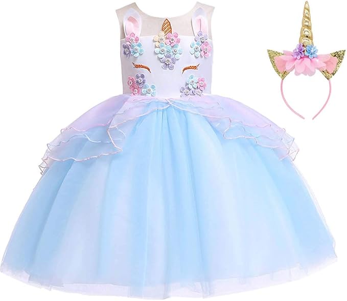 TTMOW Girls Dress up Fancy Costume Pageant Party Dresses with Headband Blue