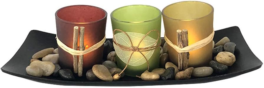 Lovecat Votive Glass Candlestick Cup Set, Natural Candlescape Tealight Holder Set, 3 Candleholder Cups with Wooden Tray Stones, Home Decor Candle Holders: Home & Kitchen
